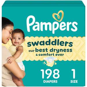 lot 63912 image: Pampers Swaddlers Diapers, Size 1 (8-14 lbs), 198 Count, Absorbent, Keeps Baby Dry and Comfortable, Skin Safe Disposable Baby Diaper (Packaging May Vary)