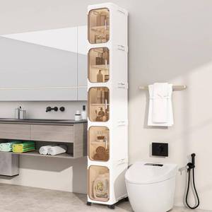 lot 63924 image: KHNR 5-Tiers Slim Bathroom Storage Cabinet, Foldable Storage Cabinets,Narrow Bathroom Storage,Movable Bathroom Storage Organizer for Small Spaces,Bathroom,Kitchen,Laundry,Cream White