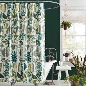 lot 23651 image: Jungalow Jardin Shower Curtain GreenBlue Cotton, Botanical Pattern, Machine Washable