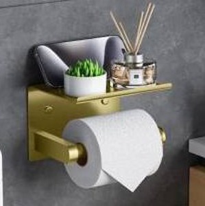 lot 23654 image: BWE Wall Mounted Stainless Steel Toilet Paper Holder Tissue Roll Holder Hanger with Phone Shelf in Brushed Gold