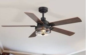 lot 23677 image: Breezary Modern Farmhouse 52-in Matte Black with Rich Walnut and Weathered Oak Blades LED Ceiling Fan With Light 5 -Blade