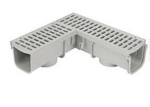 lot 23690 image: NDS 5 in. Pro Series Channel Drain 90 Degree Elbow and Grate Plastic Deep Profile, Light Gray
