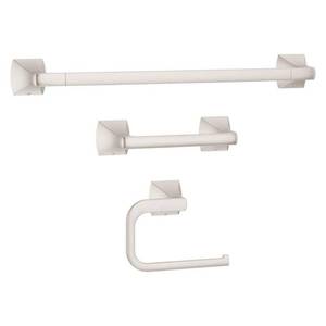 lot 23737 image: Bruxie 3-Piece Bath Hardware Set with 18 in Wall Mount Single Towel Bar, Paper Holder and Towel Ring in Brushed Nickel