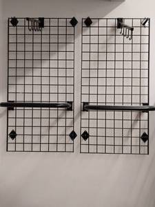 lot 66493 image: Set of 2 Black Metal Grid Wall Panel with Hooks and Bar Attachment (2 Wide x 4 Tall  each)  - Retail $126