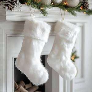 lot 54061 image: AISENO 2 Pack 18 Inch Snowy White Christmas Stockings Faux Fur Christmas Stockings Hanging Ornaments Candy Gift Bags for Christmas Decorations - Retail $16