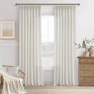 lot 54065 image: 92 Inch Pinch Pleated Beige White Semi Sheer Curtains Light Filtering Neutral Boho Farmhouse Linen Curtains Rings Hooks for Living Room Bedroom Office Ivory Window Drapes 92 Inch Length 2 Panels Set - Retail $67