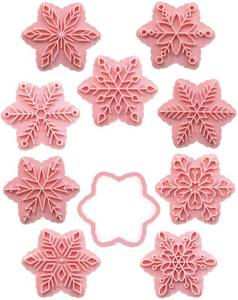 lot 54071 image: 9 Patterns of 3D Snowflake Cookie Stamps Set, Food Grade Plastic 6 Branches Shaped Snowflakes Stamping Cookie Cutters Fondant Stamper Set for Baking (Pink) - Retail $13