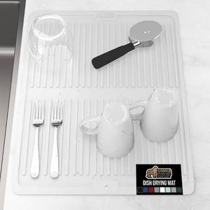 lot 54100 image: GORILLA GRIP 100% BPA-Free Patented Silicone Dish Drying Mat for Kitchen Counter, 18x16 Inch, Water Catching Ribbed Design, Easy Clean Waterproof Sink Liner, Heat Resistant, Fits Under Rack, White - Retail $23