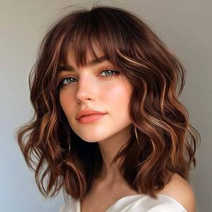 lot 54106 image: Aokiya Bob Wavy Wigs for Women Reddish Caramel Brown Short Curly Hair Wig with Bangs Shoulder Length Style Synthetic Realistic Heat Resistant Wig for Everyday Hairstyle 16 Inch - Retail $23