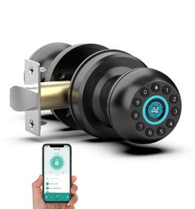 lot 54111 image: Anweller Smart Door Knob with Lock, Fingerprint Code Keypad Keyless Entry Electronic Digital Biometric Bluetooth App Control Doorknob for Bedroom Interior Apartment Garage - Black - Retail $60