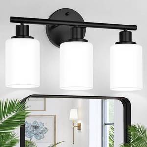 lot 54115 image: Zarbitta 3-Light Bathroom Light Fixtures, Black Modern Vanity Lights with Milky White Frosted Glass Shades, Bathroom Wall Lamp for Mirror Kitchen Living Room Hallway Cabinet Porch - Retail $64