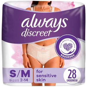 lot 54133 image: Always Discreet for Sensitive Skin Underwear, Four Times Skin Protection, Dermatologically Tested, Fragrance-Free, Maximum Absorbency, SmallMedium, 28 Count - Retail $23