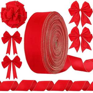 lot 54137 image: Syhood Christmas Wired Velvet Ribbon with Gold Edge Waterproof Velvet Decoration Ribbon Wrapping for Xmas Wreath Bows Floral Craft Ornaments(4 Inch X 100 Yard,RedGold) - Retail $44