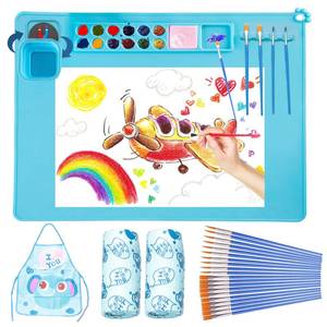 lot 54141 image: Lymoc Painting Stations,Silicone Art Mat 1x Apron,1 Pair Oversleeve,20 Pieces Brushes Painting Craft Mats 21X17 with Detachable Cup for Resin for Kids Gift,Paint, Clay, DIY Projects - Retail $19