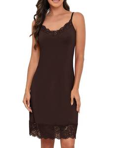 lot 54148 image: H HIAMIGOS Full Slip Under Dresses, Adjustable Spaghetti Strap, Lace Cami, Soft Satin Chemise, Sexy V Neck Nightgown for Women, Dark Brown, M