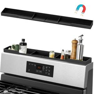 lot 54159 image: AWOKE Stove Top Shelf 30 Inch - Silicone Material Magnetic Shelf for Stove - 3 Functional Partitions Kitchen Spice Rack Organizer-Black,Kitchen Gadgets Storage Organization - Retail $18
