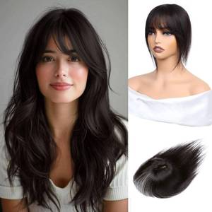 lot 54163 image: Inifale Hair Toppers for Women Clip in Bangs Real Human Hair,10 Inch 30g Brown Black Topper for Women 150% Density Silk Base Clip in Pieces Straight Hair for Thin Hair Daily Use