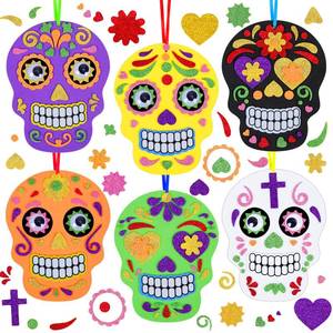 lot 54166 image: Fennoral 12 Pack Day of The Dead Craft Kits for Kids Make You Own Skull Foam Stickers Ornament DIY Arts and Crafts for Girls Boys Halloween Party Favors Supplies Halloween Decoration - Retail $14