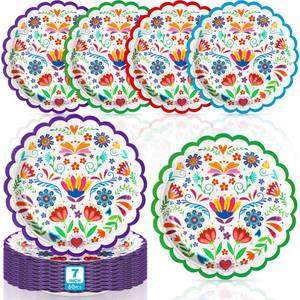 lot 54169 image: FillTouch 60 Pcs Mexican Paper Plates 7 Inch Disposable Fiesta Dessert Plates White Mandala Flower Cinco De Mayo Party Decoration for Taco Tuesday Carnival Birthday Party Supplies - Retail $20