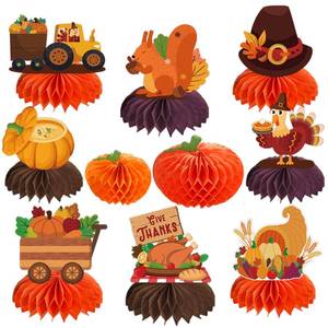 lot 54179 image: 10 Pcs Thanksgiving Centerpieces for Party Table Decorations, Double-sided Autumn Honeycomb Centerpieces for Autumn Thanksgiving Birthday Party Fall Classroom Decor Supplies - Retail $6