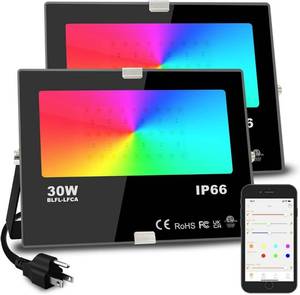 lot 54180 image: Led Flood Light 30W, 300W Equivalent 3000 LM Outdoor Color Changing Led Stage Landscape Lights, Bluetooth RGBW Smart Floodlights 2700K & 16 Million Colors&Timing& Music Sync, IP66��US 3-Plug (2 Pack) - Retail $32