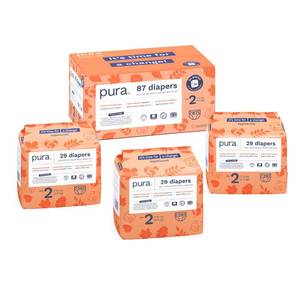 lot 54182 image: Pura Hypoallergenic Diapers, Size 2 (7-13 lbs) Totally Chlorine Free, Wetness Indicator, Suitable for Sensitive Skin, Soft Organic Cotton, Overnight, 3 Packs of 29 (87 Baby Diapers) - Retail $30
