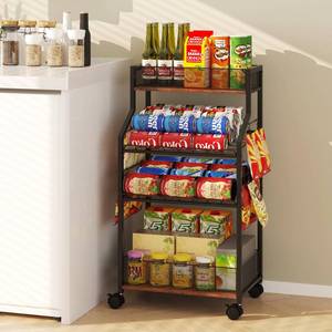 lot 54191 image: Homsorout Can Organizer for Pantry - Rolling Snack Cart, Multi-Layer Soda Can Organizer for Pantry, Mobile Beverage Storage Rack with Wheels, Versatile Metal Shelf for Kitchen and Office, Black Brown - Retail $36