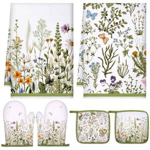 lot 54213 image: Leinuosen 6 Wild Flower Kitchen Towels Kitchen Decor and Accessories Set Floral Plant Oven Mitts and Pot Holders Sets Farmhouse Absorbent Dish Towels for Cooking Baking Grilling - Retail $15