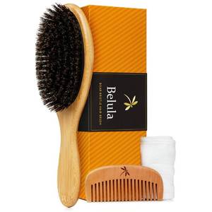 lot 54226 image: Belula 100% Boar Bristle Hair Brush Set (Medium). Soft Natural Bristles for Thin and Fine Hair. Restore Shine And Texture. Wooden Comb, Travel Bag and Spa Headband Included - Retail $26