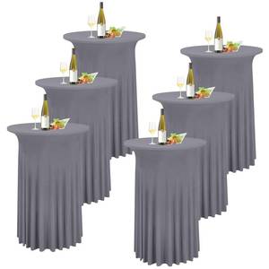 lot 54240 image: REWOMC 6 Packs Round Cocktail Table Skirt 32x 43 Spandex Stretch Cocktail Tablecloth with Wavy Drapes, Grey Spandex Fitted High Top Table Covers for Wedding Bar Party Birthday Banquet - Retail $60