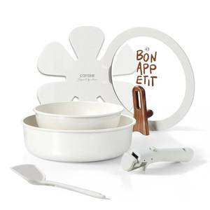 lot 54243 image: CAROTE Ceramic Pots and Pans Set Non Stick, Nonstick Kitchen Cookware Sets with Lid, Detachable Handle Saut� Pan Set, Non Toxic Frying Pan, Oven Safe, Induction Ready, Cream White - Retail $28