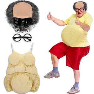 lot 54244 image: Berlune 3 Pcs Old Men Fat Suit Costume Accessories Set Fat Belly Apparel Bald Wig Bald Cap Glasses Frame for Adults Fat Suit Costume for Halloween Cosplay - Retail $47