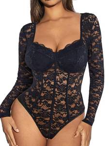 lot 54255 image: Avidlove Black Lace Bodysuit Long Sleeve Body Suits Womens Lace Body Suit with Snap Crotch Going Out Tops Black M - Retail $22