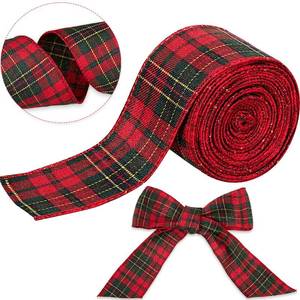 lot 54257 image: Christmas Wired Edge Plaid Ribbon 2.5 Inches Black and White Buffalo Wrapping Ribbon Gingham Ribbon for Christmas Tree Wreath Gift Wrapping, Crafts, and Decorations(Red with Green and Gold Line Plaid) - Retail $16