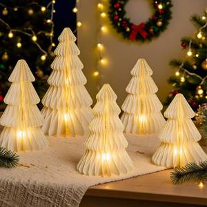 lot 54261 image: 5 Pcs Christmas Table Decorations Indoor, 3D Honeycomb Paper Christmas Trees, Light Up Vintage Table Centerpieces for Christmas Winter Wonderland Holiday Party Weddings Home Decor, 81012 Inch - Retail $30