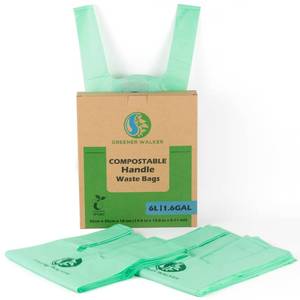 lot 54280 image: GREENER WALKER 100% Compostable Trash Bags with Tie Handles, 1.6 Gallon-150Bags, Food Scrap Kitchen Waste Bags with EN13432 Certified - Retail $13