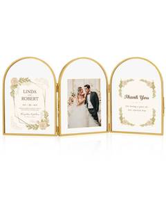 lot 54281 image: Jajamy 5x7 Triple Picture Frames, Arched Folding Hinged Brass Picture Frames for Three photos, Glass Floating Frame for Artwork Tabletop Display(5x7 Vertical) - Retail $33