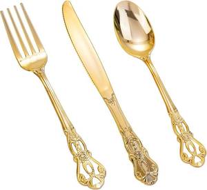 lot 54283 image: Joyido 150 Pieces Gold Plastic Silverware - Heavy Duty Gold Disposable Utensils - Fancy Plastic Cutlery Set Includes 50 Forks, 50 Spoons, 50 Knives for Holidays Parties Weddings - Retail $33