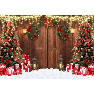 lot 54285 image: dnldliq 10x8ft Christmas Wood House Backdrop Rustic Barn Door Glitter Christmas Tree Photography Background Snowy Wreath Gift Xmas Party Family Holiday Party Decorations Banner Photo Booth Props - Retail $40