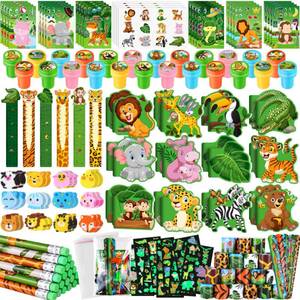 lot 54291 image: BenLouis 120Pcs Jungle Safari Party Favors Zoo Animals Sticker Stampers Slap Bracelets School Stationery Set Bulk Classroom Prizes for Kids Wild One Party Baby Shower Goodie Bags Fillers - Retail $22