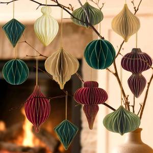 lot 54292 image: 12Pcs Christmas Paper Honeycomb Ornaments for Tree, 3D Glitter Edge Paper Honeycomb Lanterns Foldable Neutral Hanging Decorations for Xmas Tree New Year Holiday Party Home Decor, Red Green Beige - Retail $10