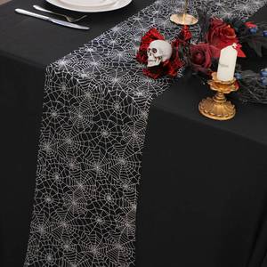 lot 54297 image: Snowkingdom Halloween Table Runner, Silver Spider Web Metallic Sequin Glitter Sheer Runners Roll 120, Black Table Decorations for Halloween, Wedding, Birthday, Themed Party, Christmas - Retail $8