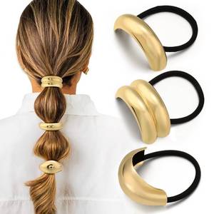 lot 54300 image: 3PCS Gold Hair Ties, Metal Hair Ties for Thick Hair, Elegant Durable Geometric Design, Gold Hair Accessories Stretchy and Non-Damage Ponytail Cuff Holders, 3 Styles in Box Holiday Gifts - Retail $14