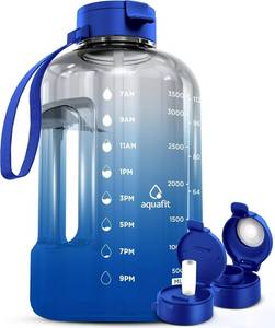 lot 54331 image: AQUAFIT 1 Gallon Water Bottle with Time Marker - Straw & Chug Lid - BPA Free Gym Water Bottle with Straw - Big Gallon Jug (Blue Skies, 128 oz - 2 Lids) - Retail $40