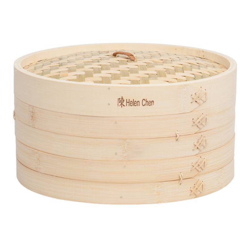 lot 54336 image: Helens Asian Kitchen Bamboo Food Steamer with Lid - 100% Natural Bamboo - Basket Steamers for Cooking Dumplings, Dim Sum, Veggies, Fish, Meat - Preserve Nutrients & Flavors - 12-Inch. THE LID HAS SOME DAMAGE BUT STILL FUNCTIONAL. - Retail $31