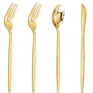 lot 54343 image: U-QE 120Pcs Gold Plastic Silverware, Luxury Plastic Cutlery, Heavy Weight Flatware, Gold Disposable Utensils Set Include 60 Forks, 30 Spoons,30 Knives for Party - Retail $28