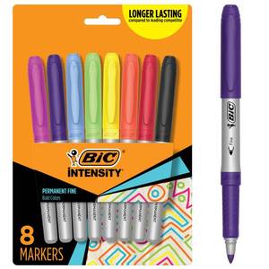 lot 54361 image: BIC Intensity Assorted Colors Fashion Permanent Markers, Fine Point, 8-Count Pack of Color Markers With Non-Slip Grip for Comfort and Control - Retail $13