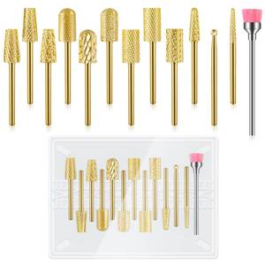 lot 54363 image: 13Pcs Nail Drill Bits Set, Tungsten Carbide Drill Bits for Nails, Cuticle Nail Drill Bits for Acrylic Nails Remover Bits for Manicure Pedicure, Home Salon (Gold)