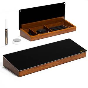 lot 54371 image: Desktop Black Glass Dry Erase Board with Wood Organizers for Small Office Supplies, Desk Whiteboard with Drawer for Home Office - Retail $29