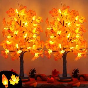 lot 54372 image: 2 Pack 24 Inch Artificial Lighted Maple Tree with 48 LEDs Timer Fall Thanksgiving Decorations Battery Operated Prelit Maple Tree Table Lights for Thanksgiving Decor Home Indoor Autumn Harvest